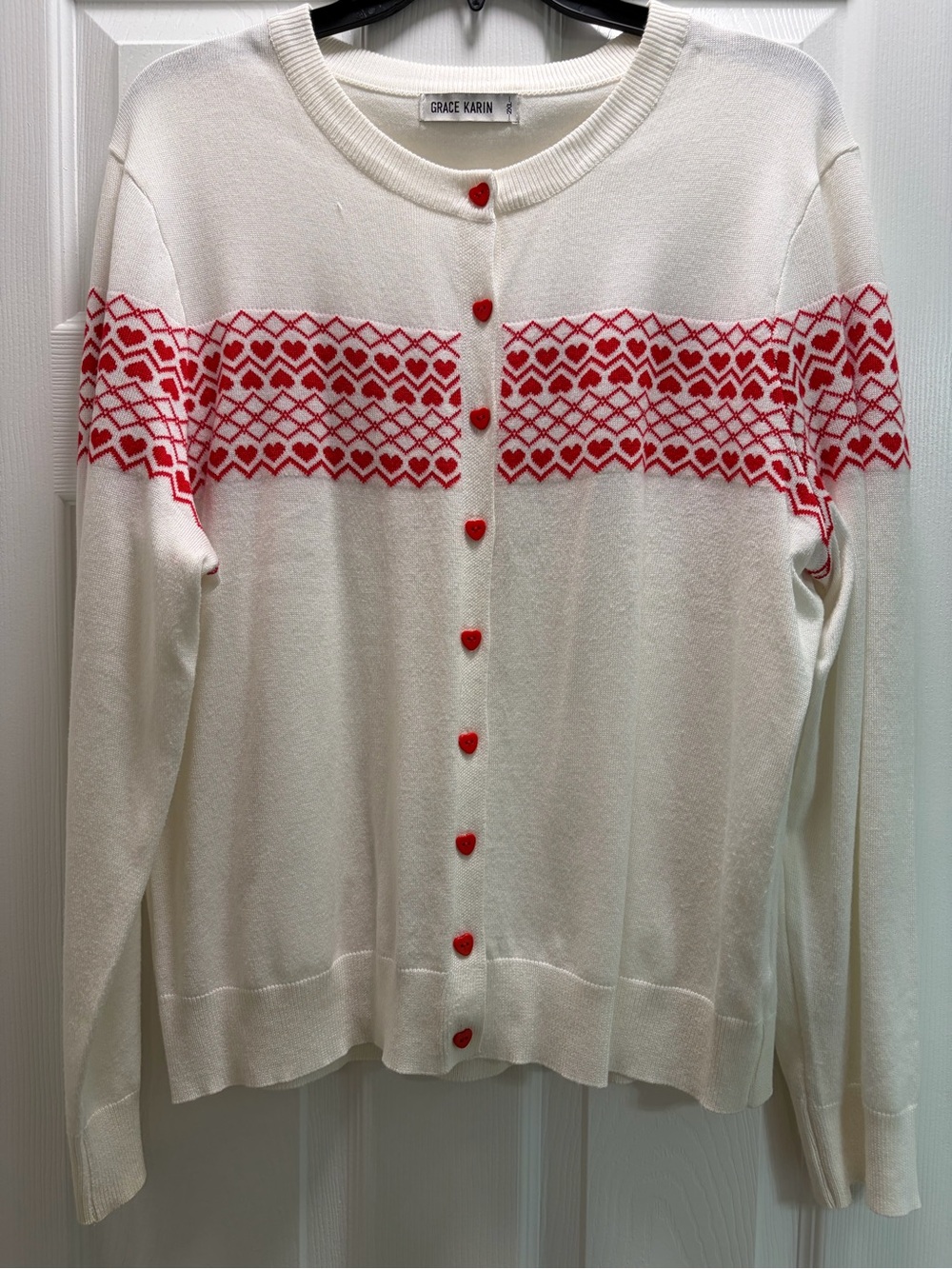 Grace Karin Cream Cardigan Sweater with Red Heart Pattern